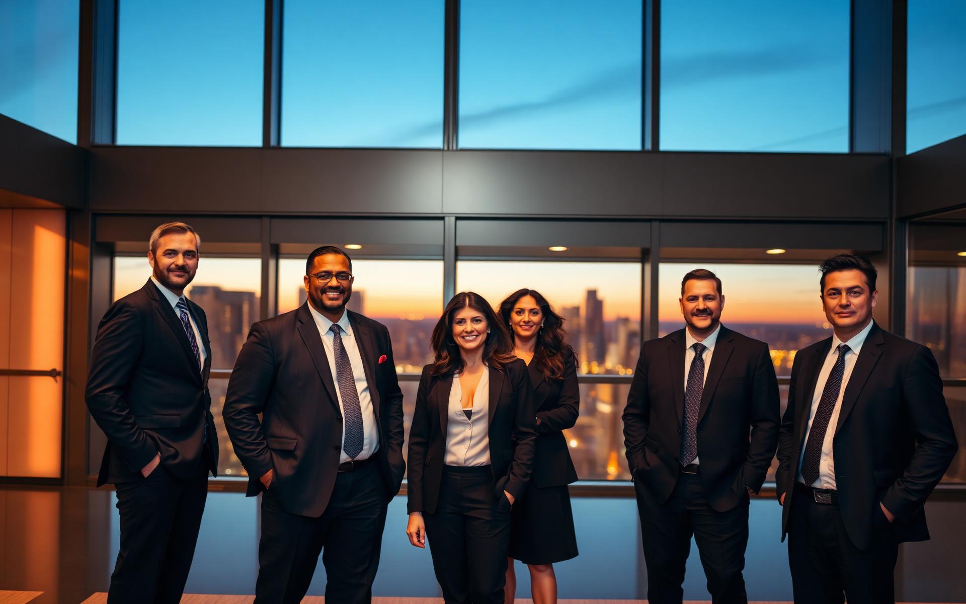 Diverse executive leaders gathered in a modern boardroom at dusk